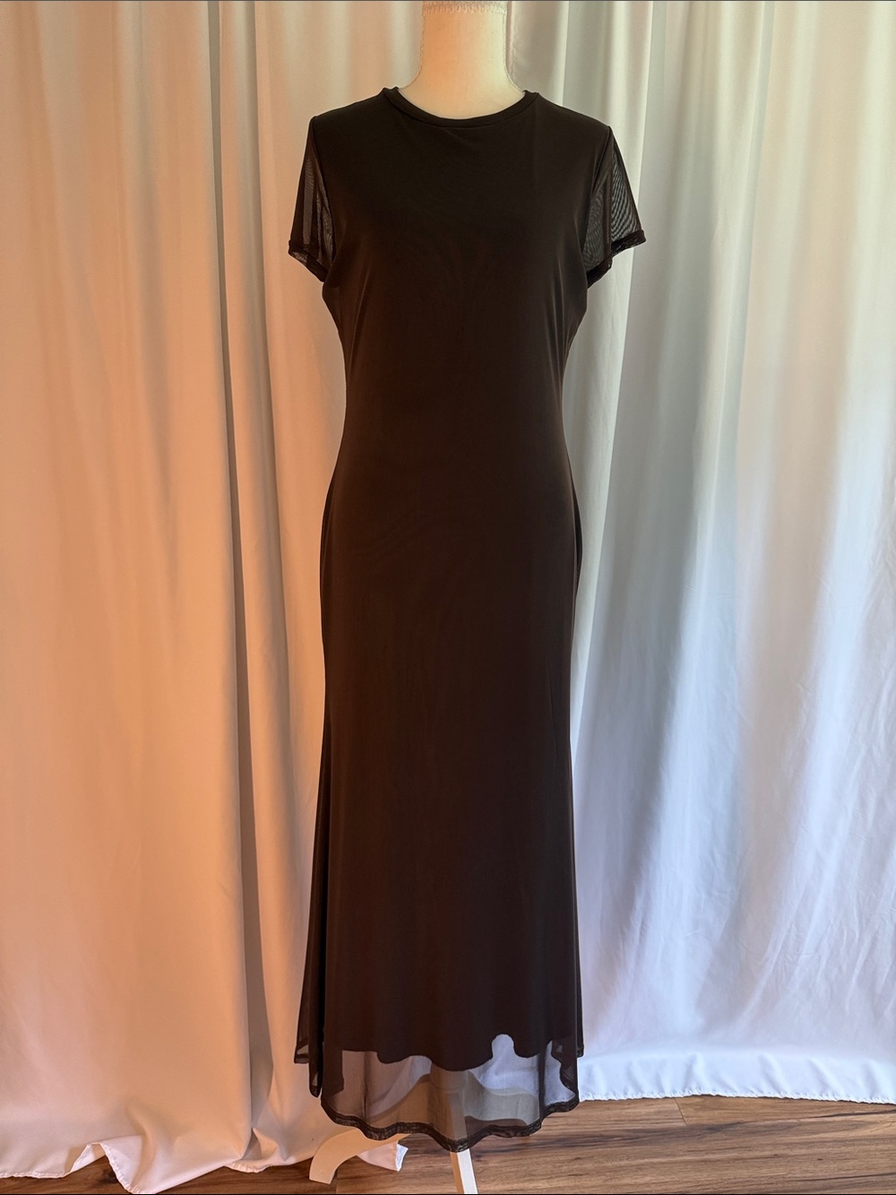 See You Monday Brown Maxi Dress with Mesh Short Sleeves